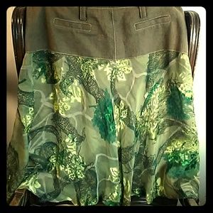 Melani Green Print Silk Chiffon & Contrasting Solid Waist Skirt Size 6